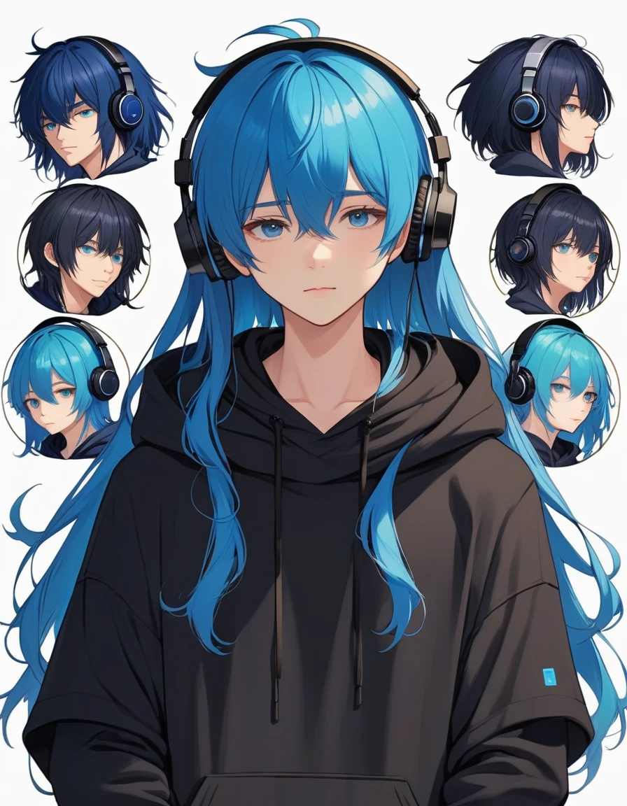 male、bangs、Long Hair、Blue Hair、neutral、Slimming、anxiety、Black clothes、hoodie、Book、headphone