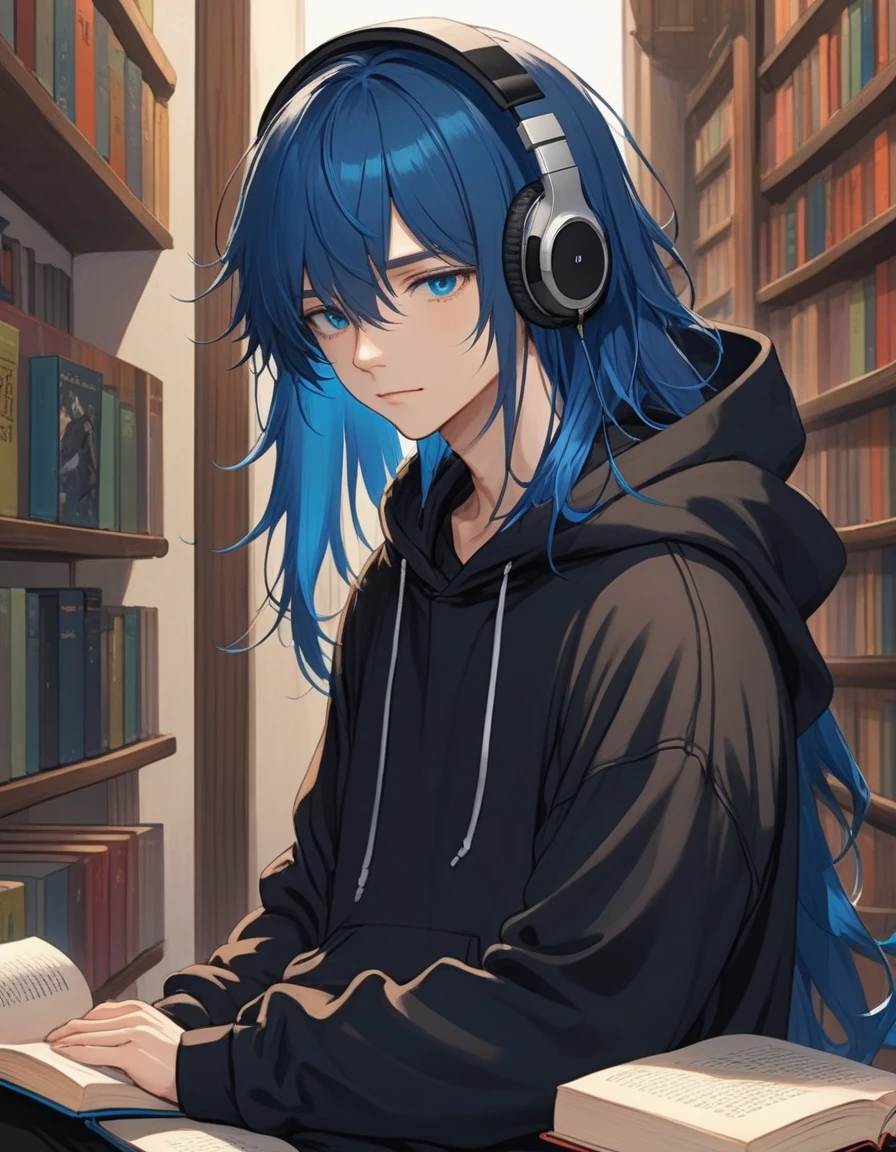 male、bangs、Long Hair、Blue Hair、neutral、Slimming、anxiety、Black clothes、hoodie、Book、headphone
