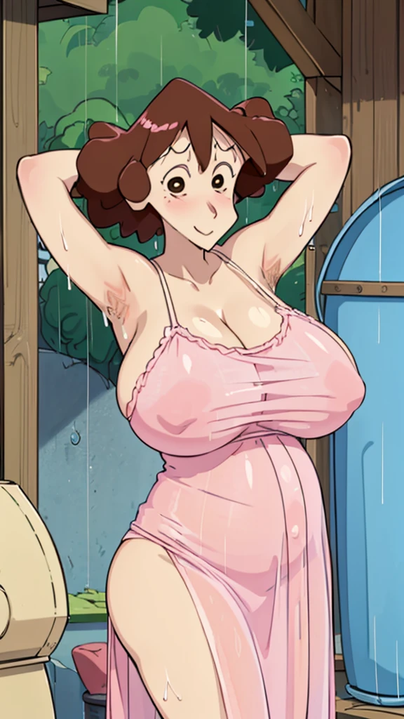 Misae Nohara, (Auntie:1.5), (Mature Woman:1.5), (absurderes, 8K, 4K, masutepiece, hyper extreme detailed:1.2), Best Quality, Perfect Anatomy,Perfect face,High humidity, (Huge breasts:1.7), (A sheer pink nightgown:1.4), (Wet:1.2), (.Alley:1.3), Graffitied wall, Garbage can, Scattered trash, (alone:1.5), (Brown eyes:1.2), (Clothing is revealing:1.2), Exposed shoulders, Torn clothes, Are pregnant, Firm breasts, Upturned nipples, Showing cleavage, Mole on chest, (Thick armpit hair:1.4), (blush:1.2), A kind smile, relief, peace of mind, (maternal:1.3), (Gentle look:1.5), Smiling face, (Outdoor:1.5), (Out:1.3), half closed eyes, naughty face, (rain:1.4), Plump