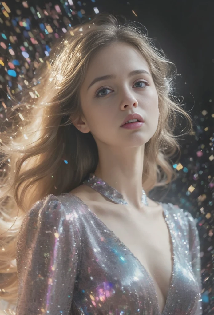 A girl ((big wide gree eyes)) pink lips wearing blue pull overs. Long ears. White and brown mix hair in curls. Holding a fork and a knife in her hands. At a table((One huge eyeball is on a plate in front of her))