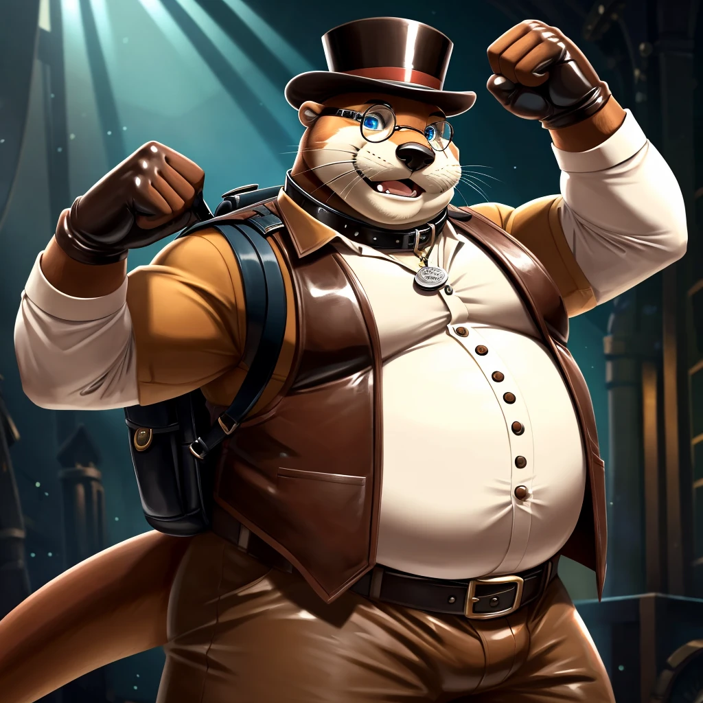 Solo, Male, fat, extremely obese, gentleman, dapper Professor Otter, blue eyes, (posing:1.3), (soft shading), 4k, hi res, ((detailed face, detailed)), looking at viewer, mouth wide open, steampunk, collared shirt with buttons, top hat, male focus, Explorer Outfit, glasses, monocle, bag, vest with buttons, backpack, sleeves rolled up, round eyewear, brown headwear, brown vest, Otter is wearing a glossy leather dog collar around the neck, Otter is wearing the leather collar and shirt and vest at the same time, Otter is wearing glossy white rubber gloves on the hands, wearing white rubber gloves on the feet, gloves are rubber in texture, clenching teeth, clenching fists, leather collar is glossy and shiny with a lot of detail, Otter is wearing gloves and leather collar at the same time, leather collar has a round dog-tag, leather collar is thick and detailed.