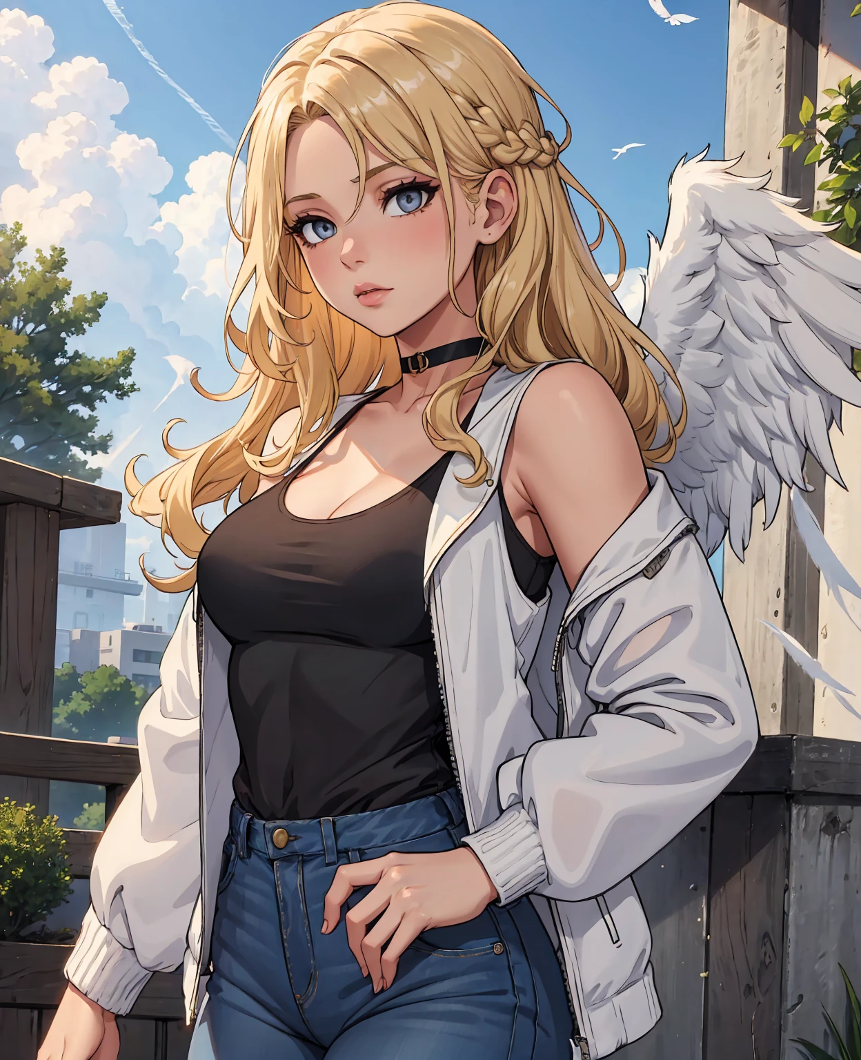 1girl, medium breasts, blonde hair, long hair, wavy hair, grey eyes, white feathered wings, angel, outdoors, white jacket, choker, tank top, jeans