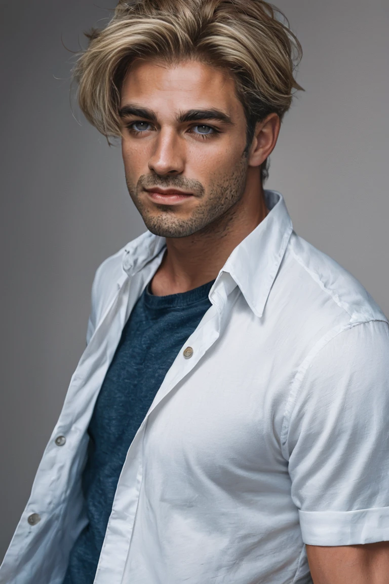 handsome man ,blond, blue colored eyes, white undershirt
