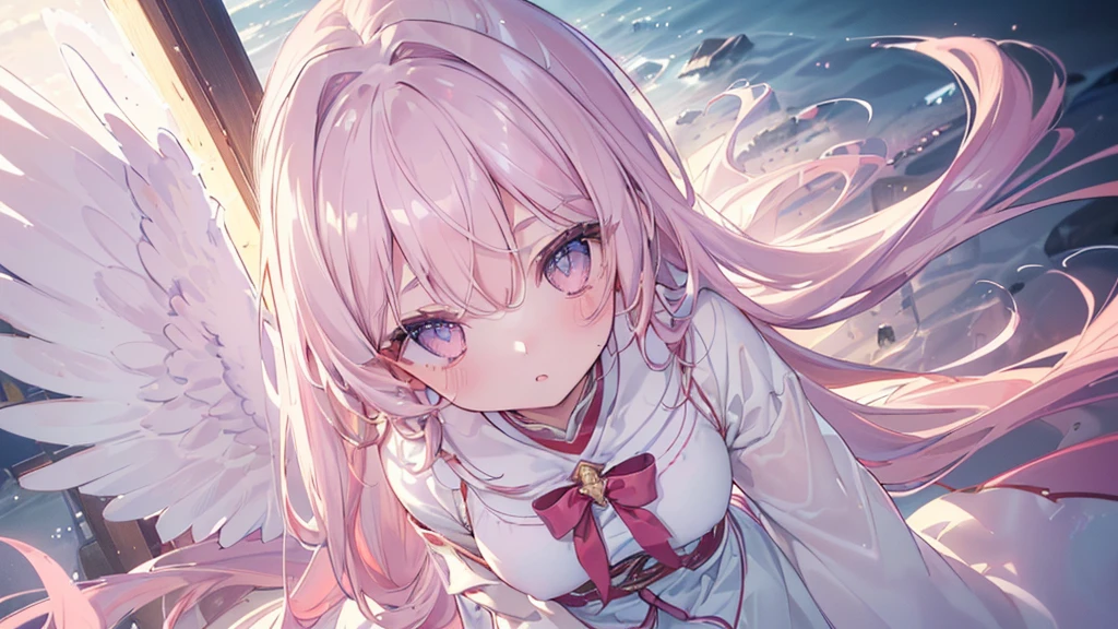 (Asahi), ((Beautiful eyes)), (((Angle from above))), (((Highest quality、masterpiece、Ultra-fine、Ultra-fine、Exquisite、16K、Full HD,high school girl))) 、Long eyelashes、White skin、(thin and long)、 ((cute)) ((One person)),Zoom out,(A magnificent composition、epic proportion)、(Pale pink lips、Pale pink cheeks、thin and long)、Dynamic lighting,