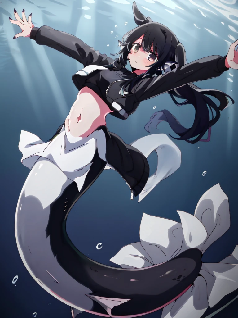 (mermaid:1.0), 1 long black shark tail, full body, midriff black crop top, beautiful perfect symmetrical face, beautiful cute dark ager girl, full body ,under the sea, long black pony tail, fins, stretching,  long nails, black jacket