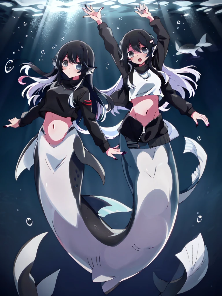(mermaid:1.0), 1 long black shark tail, full body, midriff black crop top, beautiful perfect symmetrical face, beautiful cute dark teenager girl, full body ,under the sea, long black pony tail, fins, stretching, long nails, black jacket