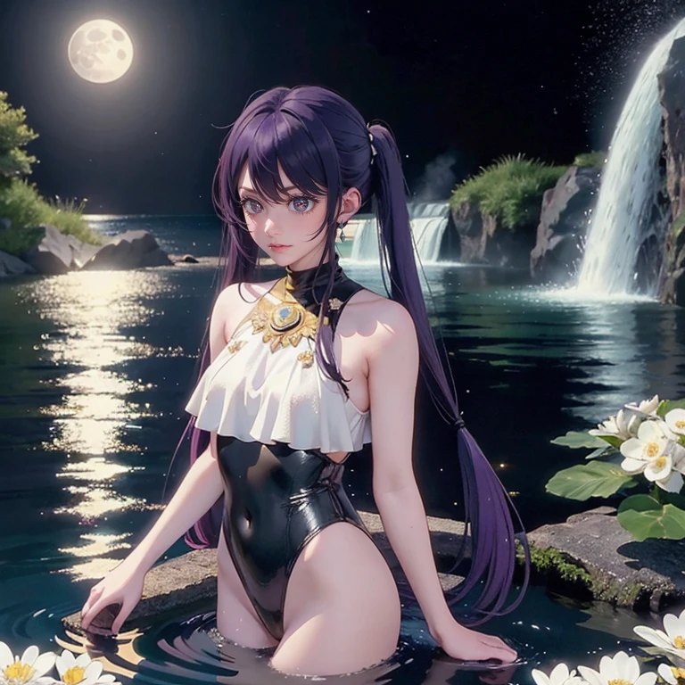 1 girl, lake scene, seat on the water, black suit, gold details on her clothes, waterfall, white flowers on focus, full moon, night, flowing hair, crystals, sparkles, swim suit, purple hair, twintails