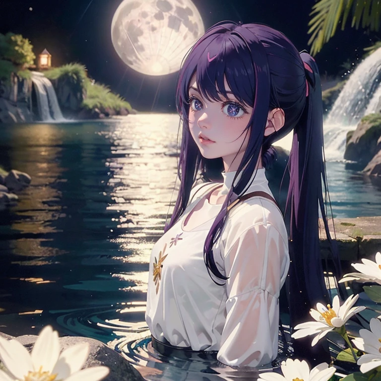 1 girl, lake scene, seat on the water, black suit, gold details on her clothes, waterfall, white flowers on focus, full moon, night, flowing hair, crystals, sparkles, swim suit, purple hair, twintails