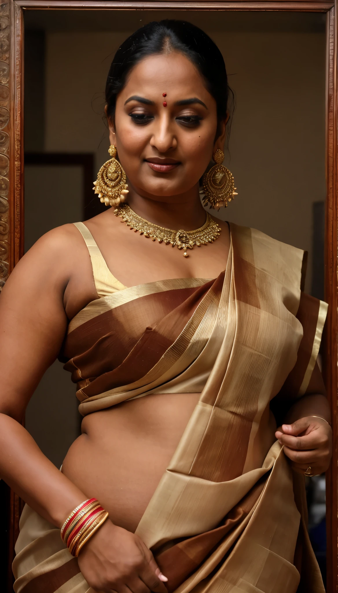 Foto RAW, photorealistic, photography, full body shot, 50 years old Woman, master shot, perfect eyes, goddess like beauty, pierced eyes, perfect thick chubby mallu Desi aunty bhabhi, Wearing a Stanapatta, a chest-band.Saree model, model Photography, Indian saree shoot, Indian traditional wear advertising photography, traditional wear brand shoot, face of Indian actress Sonakshi Sinha, masterpiece, realistic, realism, incredible details, pleasure, photorealism, detailed skin, skin pores, high contrast, photorealistic Artstation 8k HD digital art trend of high definition and detailed realistic skin texture, ultra detail, realistic skin texture, armature, best quality, ultra high definition, (photorealistic:1.4),, high resolution, detail, raw photo, sweat, Re sharp, by Lee Jefferies Nikon D850 Film Stock Photo 4 Kodak Portra 400 Camera F1.6 Lens Rich Color Ultra Real Realistic Realistic Textures Dramatic Lighting Unreal Engine Trending at Art Station Cinestill 800,(pele altamente detalhada: 1.2), 8k UHD, DSLR, soft-lighting, alta qualidade, grain of film, Fujifilm XT3,she didn't like to wear blouse or bra, she is happy to wear only saree, she hates blouse or bra, detailed hairy armpits, hyper realistic skin, skin pores, sweat, veins, short hairs on armpit, stubble armpits, hyper realistic hairy armpits, low waist saree,