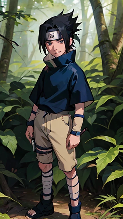 best quality,masterpiece,1boy,solo,(((19years old))),japanese boy,an extremely cute and beautiful boy,highly detailed beautiful face and eyes,petit,cute face,lovely face,baby face,shy smile,show teeth, black hair,short hair,flat chest,skinny,slender,(((wearing a Sasuke Uchiha costume))),(((standing in aa forest))),he is looking at the viewer,(((full body))),Arrietty 