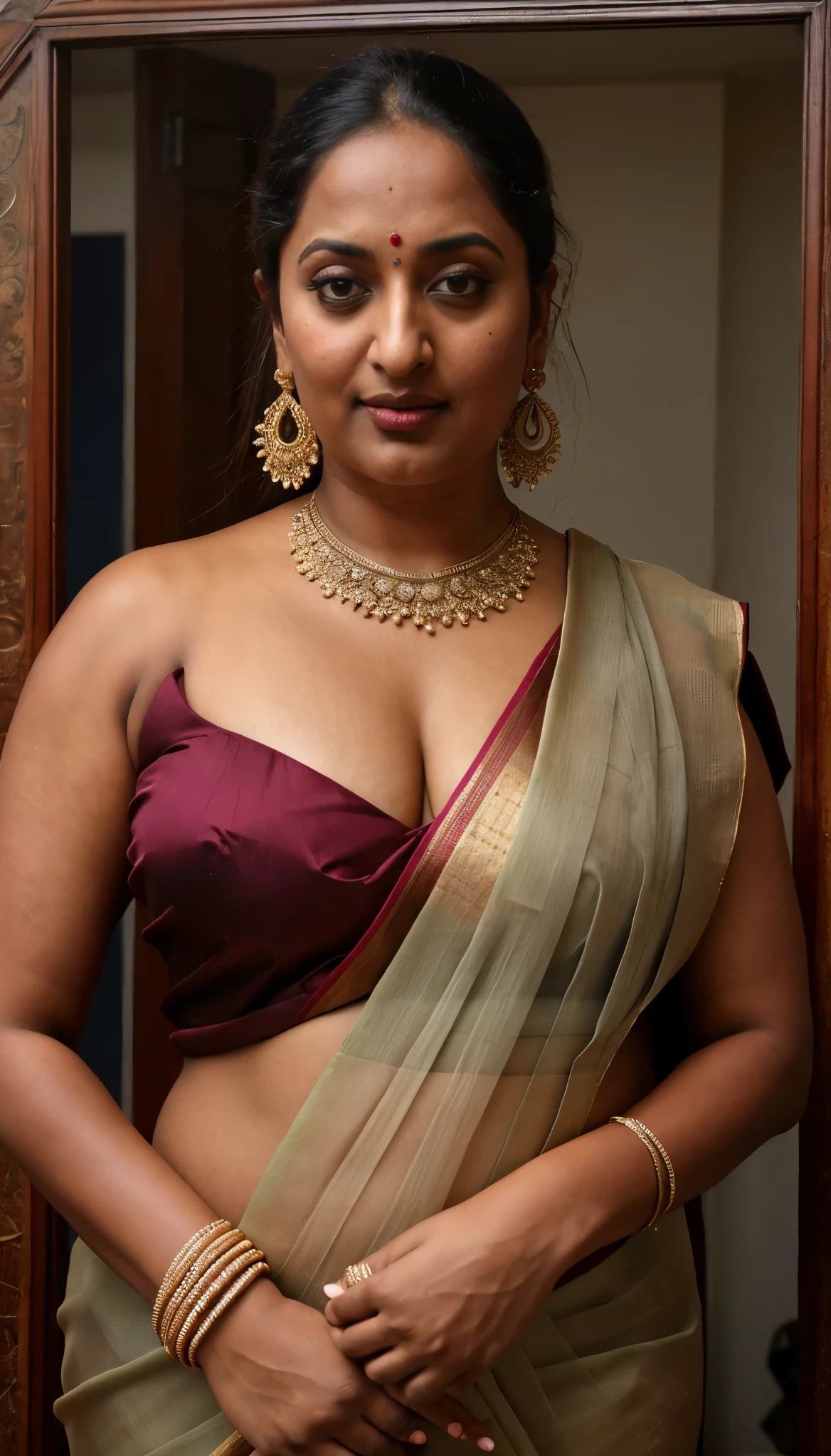 Foto RAW, photorealistic, photography, full body shot, 50 years old Woman, master shot, perfect eyes, goddess like beauty, pierced eyes, perfect thick chubby mallu Desi aunty bhabhi, Wearing a Stanapatta, a chest-band.Saree model, model Photography, Indian saree shoot, Indian traditional wear advertising photography, traditional wear brand shoot, face of Indian actress Sonakshi Sinha, masterpiece, realistic, realism, incredible details, pleasure, photorealism, detailed skin, skin pores, high contrast, photorealistic Artstation 8k HD digital art trend of high definition and detailed realistic skin texture, ultra detail, realistic skin texture, armature, best quality, ultra high definition, (photorealistic:1.4),, high resolution, detail, raw photo, sweat, Re sharp, by Lee Jefferies Nikon D850 Film Stock Photo 4 Kodak Portra 400 Camera F1.6 Lens Rich Color Ultra Real Realistic Realistic Textures Dramatic Lighting Unreal Engine Trending at Art Station Cinestill 800,(pele altamente detalhada: 1.2), 8k UHD, DSLR, soft-lighting, alta qualidade, grain of film, Fujifilm XT3,she didn't like to wear blouse or bra, she is happy to wear only saree, she hates blouse or bra, detailed hairy armpits, hyper realistic skin, skin pores, sweat, veins, short hairs on armpit, stubble armpits, hyper realistic hairy armpits, low waist saree,