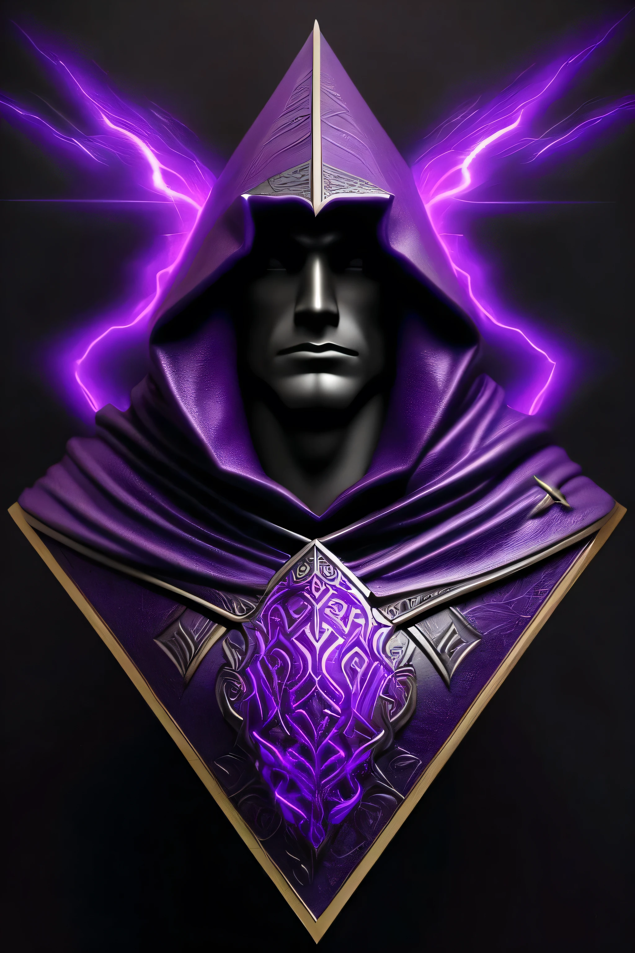 make me a bust of a purple hooded wizard in front of a dark wall, with that capuz do you be a magician releasing magic particles