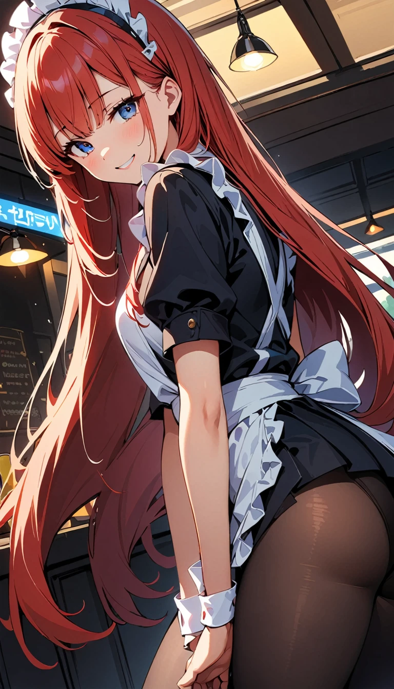 (high quality, 8 k, 4K, high contrast, masterpiece:1.2, 最high quality, best aesthetics), beauty, maid, Very detailed, Seductive and erotic girl in a lace headdress, smile, (Red hair, Super long straight hair), focus on the face, focus on the face, compound eyes, Tights, 40デニールの黒Tights, coffee shop, low angle shot, dynamic angle,