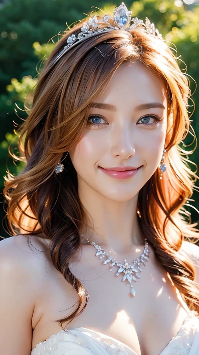 whole body、Bright garden、Wedding dress、a wedding ceremony、blue eyes、blonde、smile、Jewel Tiara、short hair、necklace、 (((masterpiece)))、((Highest quality))、((超Realistic))、perspective、Very detailed、The perfect temptation、Best image quality、Fine-grained image quality、beautiful、Europe, woman, French, woman Italian, Italian, jewelry, blue eyes, Realistic, High resolution, Glowing Skin, (Detailed face),tattoo, jewelry, Wavy Hair,Attractive appearance, smile, Perfect Style,Ｄcup 、 Perfect balance, 