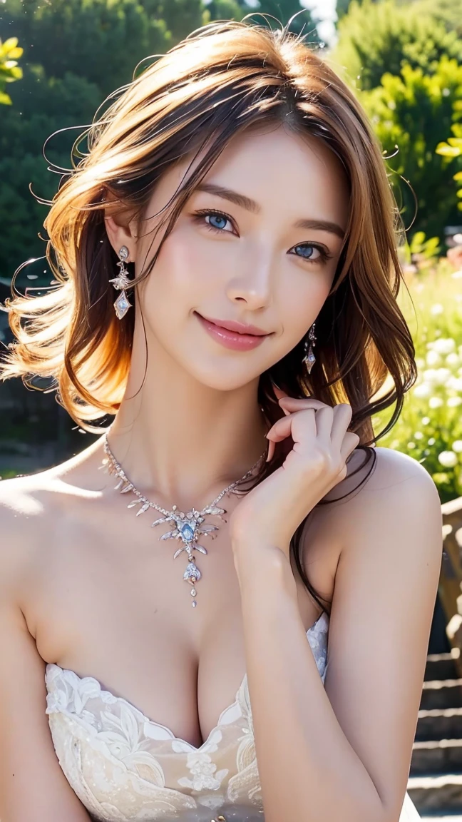 whole body、Bright garden、Wedding dress、a wedding ceremony、blue eyes、blonde、smile、Jewel Tiara、short hair、necklace、 (((masterpiece)))、((Highest quality))、((超Realistic))、perspective、Very detailed、The perfect temptation、Best image quality、Fine-grained image quality、beautiful、Europe, woman, French, woman Italian, Italian, jewelry, blue eyes, Realistic, High resolution, Glowing Skin, (Detailed face),tattoo, jewelry, Wavy Hair,Attractive appearance, smile, Perfect Style,Ｄcup 、 Perfect balance, 