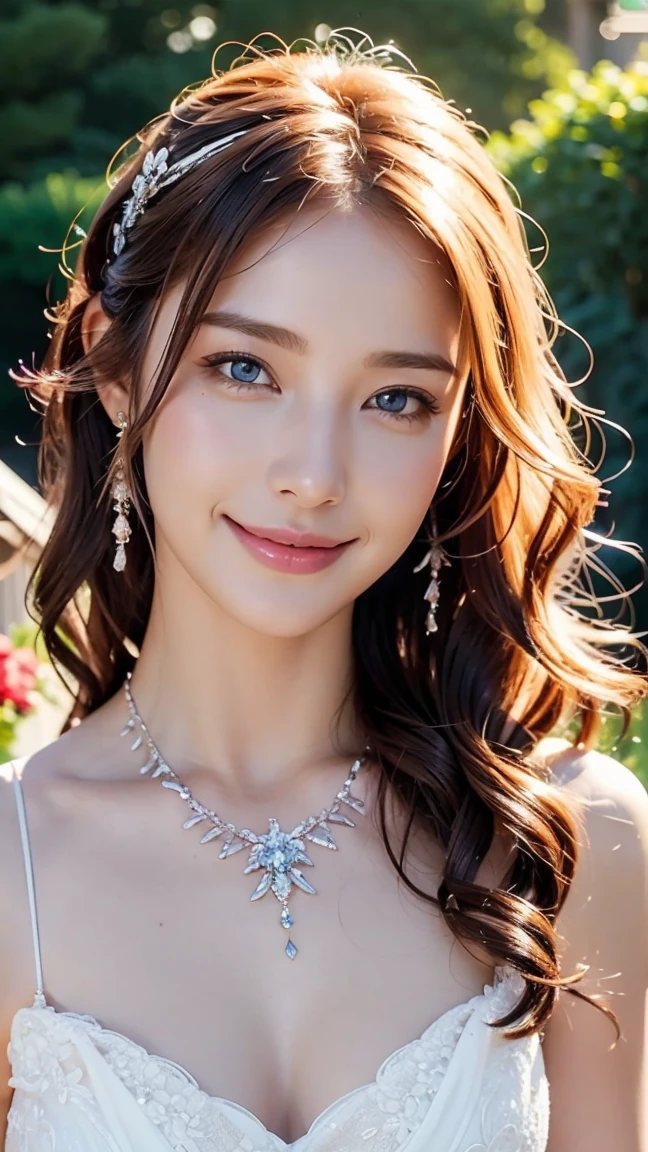 whole body、Bright garden、Wedding dress、a wedding ceremony、blue eyes、blonde、smile、Jewel Tiara、short hair、necklace、 (((masterpiece)))、((Highest quality))、((超Realistic))、perspective、Very detailed、The perfect temptation、Best image quality、Fine-grained image quality、beautiful、Europe, woman, French, woman Italian, Italian, jewelry, blue eyes, Realistic, High resolution, Glowing Skin, (Detailed face),tattoo, jewelry, Wavy Hair,Attractive appearance, smile, Perfect Style,Ｄcup 、 Perfect balance, 