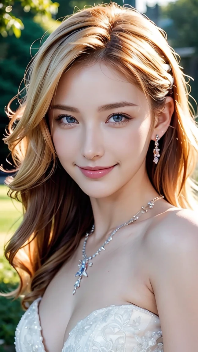 whole body、Bright garden、Wedding dress、a wedding ceremony、blue eyes、blonde、smile、Jewel Tiara、short hair、necklace、 (((masterpiece)))、((Highest quality))、((超Realistic))、perspective、Very detailed、The perfect temptation、Best image quality、Fine-grained image quality、beautiful、Europe, woman, French, woman Italian, Italian, jewelry, blue eyes, Realistic, High resolution, Glowing Skin, (Detailed face),tattoo, jewelry, Wavy Hair,Attractive appearance, smile, Perfect Style,Ｄcup 、 Perfect balance, 