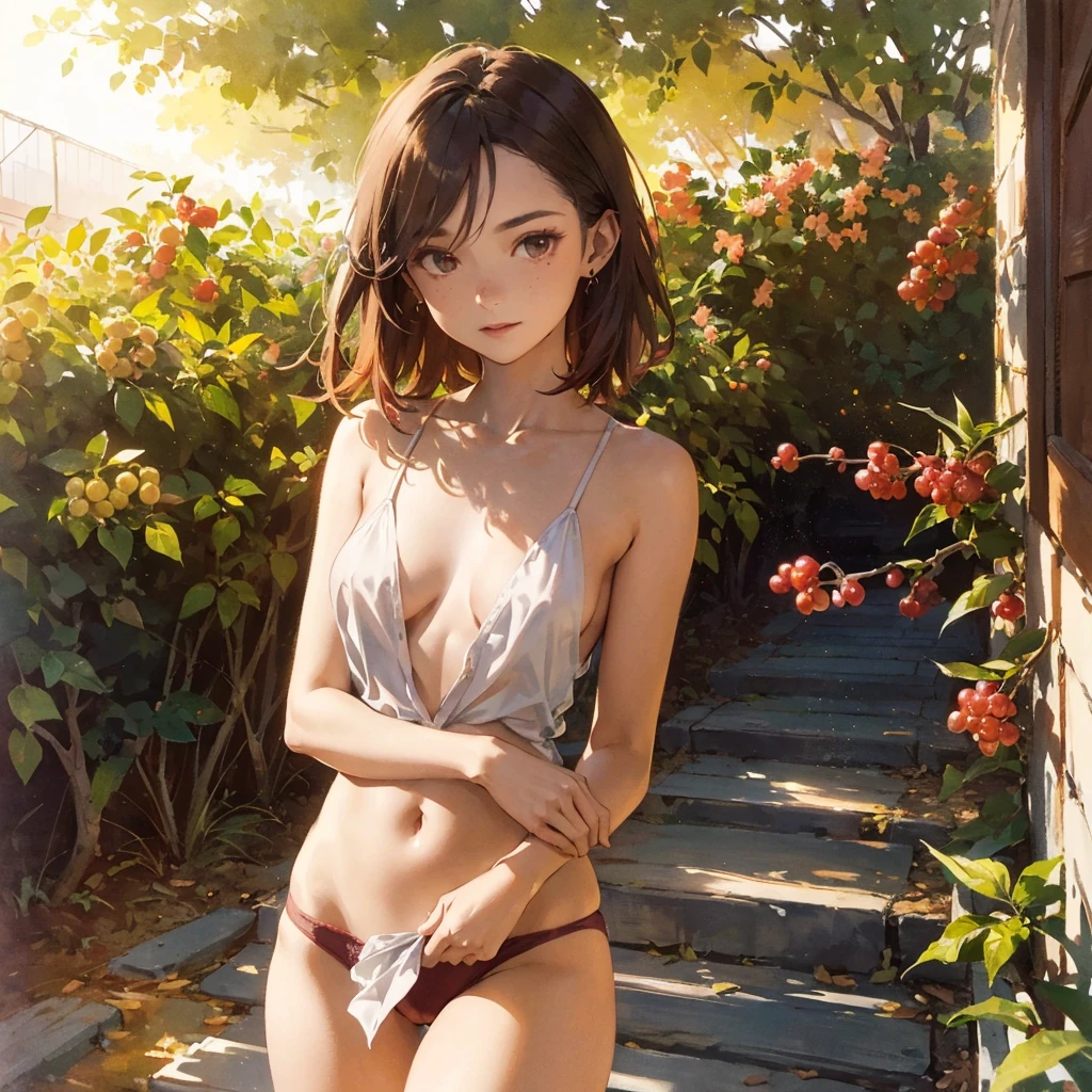 Exquisite, slender, delicate girl of with a perfect gentle face of the southern type (with short dark burgundy hair) with freckles (with ruby earring) in the rays of the rising sun, naked with tender bare breasts with pink swollen nipples ((barefoot)) ((in an unbuttoned open burgundy shirt over a naked body and in small burgundy panties)) (on the veranda in the garden) Drinks ((coffee)) and looks at the flowers, in watercolor style, discreet light shades, Flares, (imitation of film photography), against the sun, a lot of sun glare, light fills the frame, olive and grape groves, strong wind, Brick Road, high image quality, Maximum detail, sunset lighting, Warm evening shades, (warm golden and olive sunset light), big space eyes, olive and grape groves, Brick Road, ((чашки с coffee и coffeeйники у домика)), (brick house)