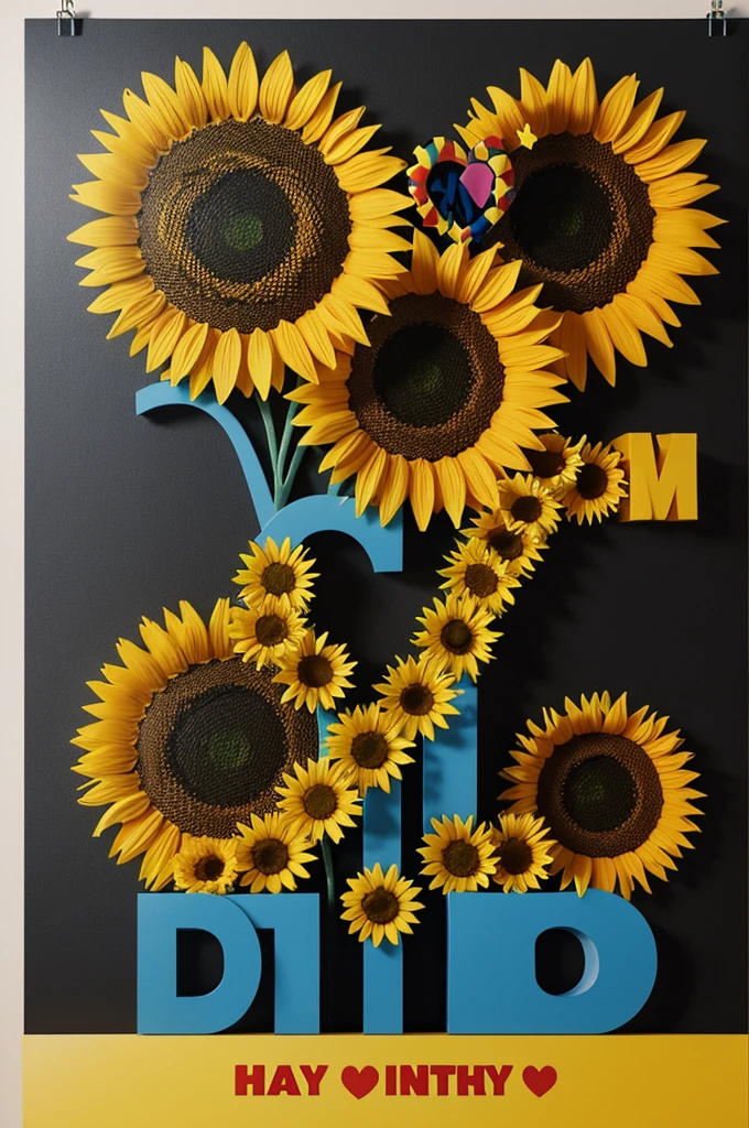 “a 3D pixar style poster. Shows sunflowers with hearts with a poster. The posters show a phrase birthday wishes for my mom with different and artistic letters. The poster appears large. Besides, The scene shows heart balloons in the background…”