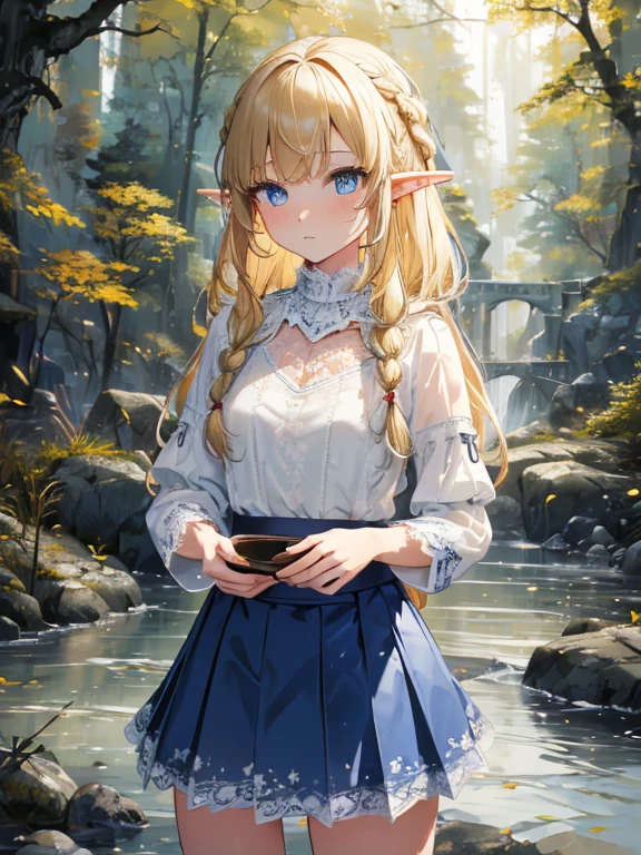 masterpiece, Highest quality, Very detailed, 16K, Ultra-high resolution、Cowboy Shot, 1 Elf girl, Detailed face、Perfect Fingers, Elf Ears, Small breasts, blue eyes, blonde, Braiding, White blouse, sweater, Best, (Checkered lace skirt:1.4), in the forest, stream, Stand on the banks of the river, standing split