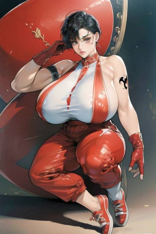 (masterpiece:1.2, best quality:1.2, beautiful, high quality, highres:1.1, aesthetic), detailed, extremely detailed, ambient soft lighting, 4K, FaithMirror, 1girl, solo, gloves, tattoo, fingerless gloves, pants, realistic, black hair, shoes, sneakers, short hair, tank top, lips, red footwear, face tattoo, asian, breasts, (gigantic breasts:1.6), (hyper breasts),massive breasts, oversized breasts, breast bigger then body, wide hips,