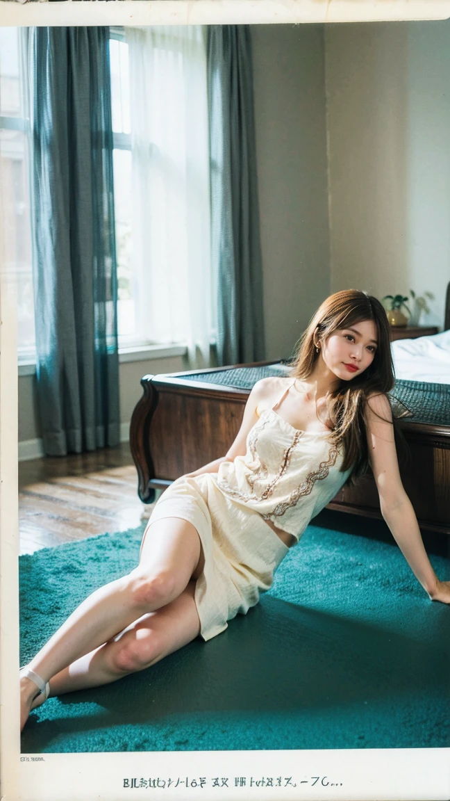 (((Highest quality,Very detailed,masterpiece,Very detailed))) ,(((Bend your knees))),loose breast,See-through,camisole,one piece,barefoot,One Girl,Realistic,Lying down,Bedroom、Looks sleepy