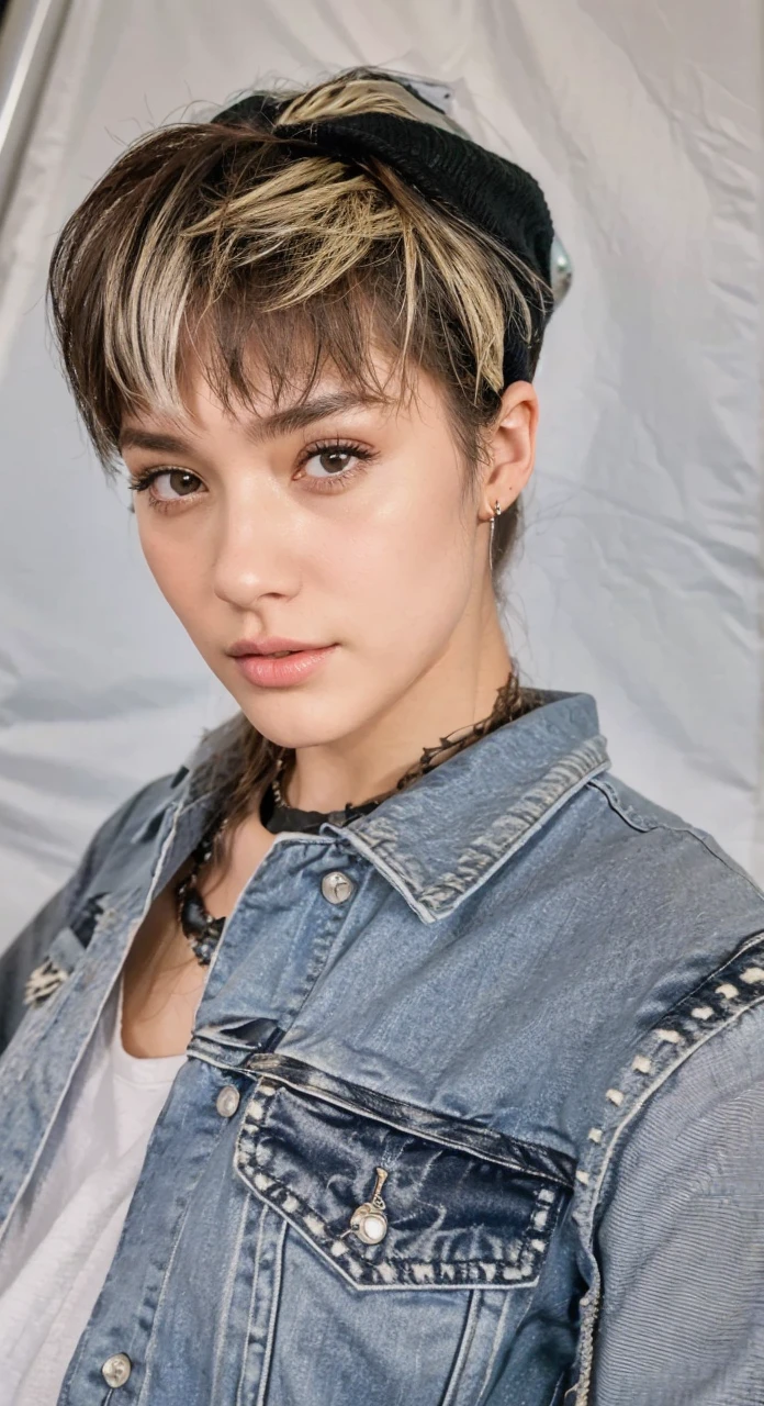 1gIrl, solo, long haIr, black haIr, wrItten clothes, Ojos cafés, lookIng at the vIewer, beanIe, lIps, parte superior del cuerpo, boca cerrada, shIrt, earrIngs, https://I.postImg.cc/tCDfNDvp/Captura de pantalla-20230606-212445.png