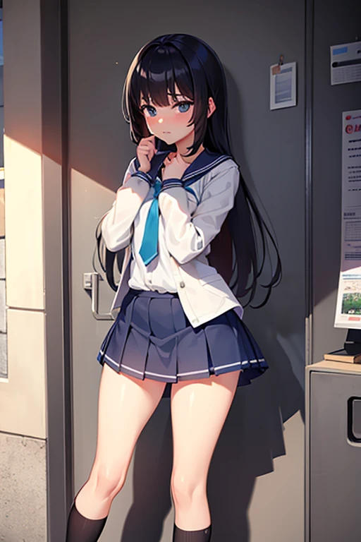 A shy girl who is wearing a school mini skirt for the first time