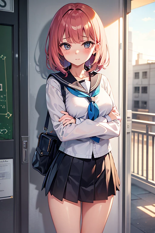 A shy girl who is wearing a school mini skirt for the first time