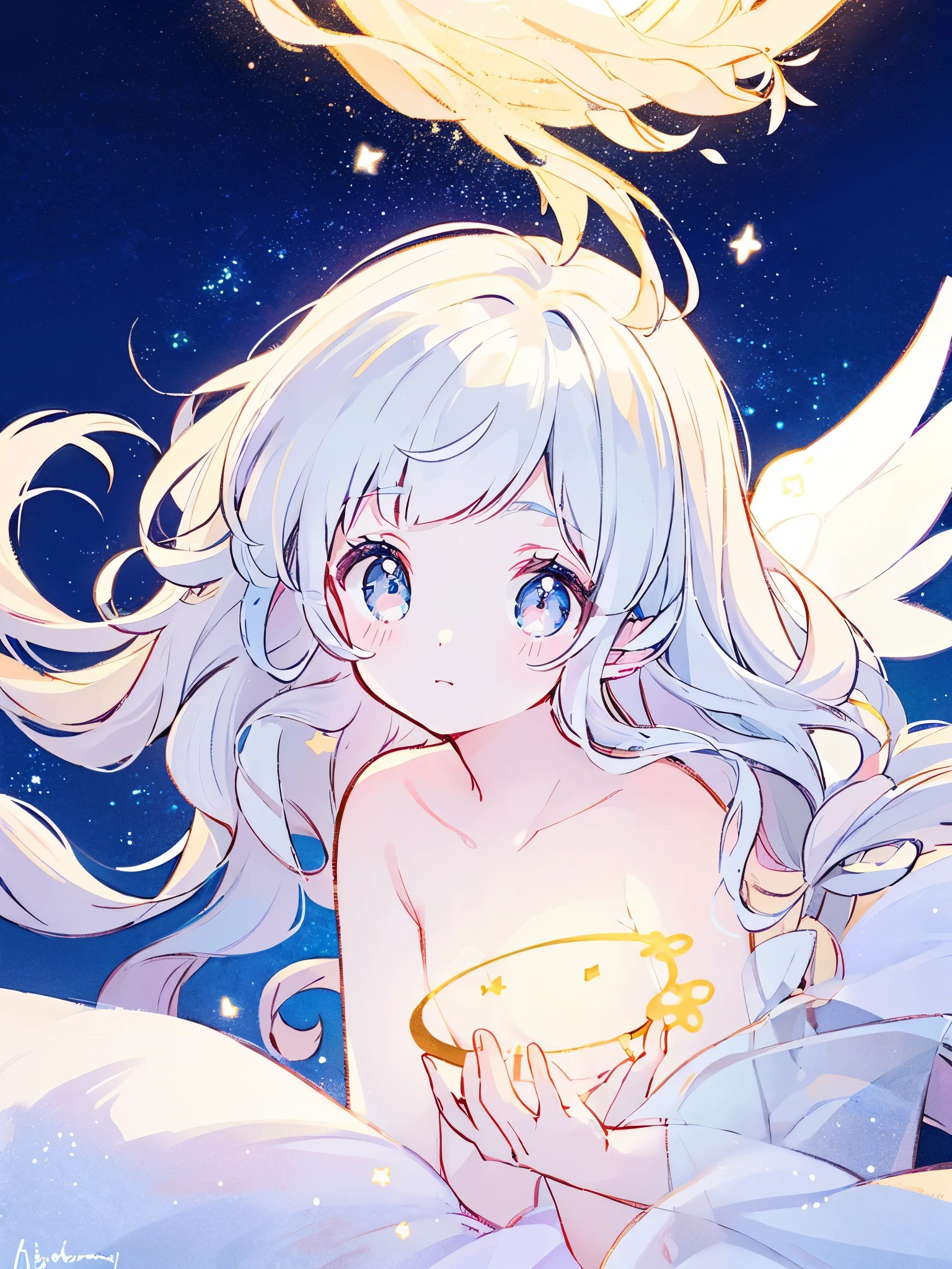 nude angel girl wearing an ethereal translucent dress, pale skin, ((blue mint wavy hair)), white feathers, angel wings, sparkling detailed eyes, golden ratio face, perfect composition, highly detailed, ethereal, (starry night sky background), midjourney style