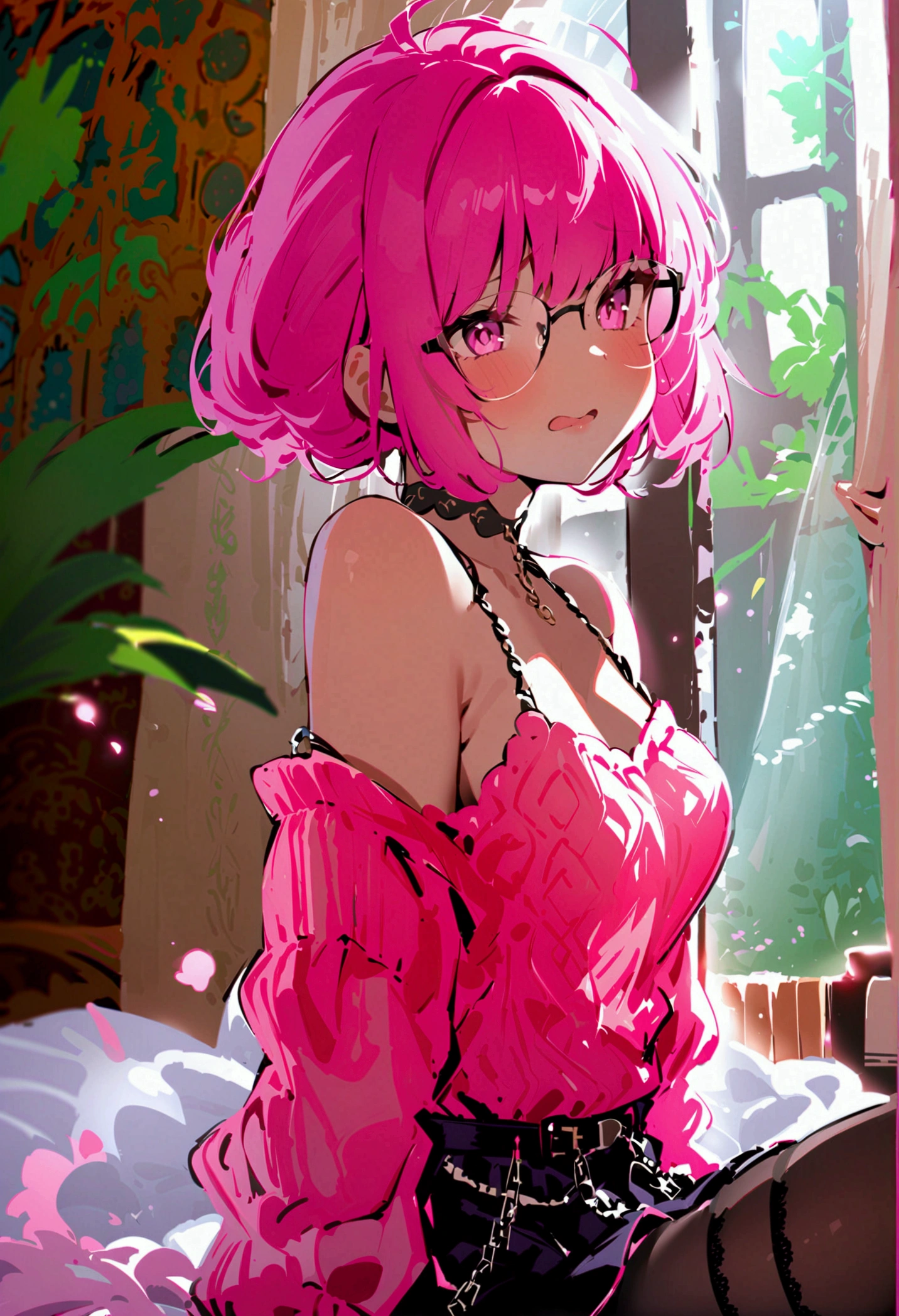 pink hair black glasses pink eyes extremely blushing a large pink sweater short black skirt at the waist chains black stockings that she is a reserved girl her bed that she is on her knees touching her butt