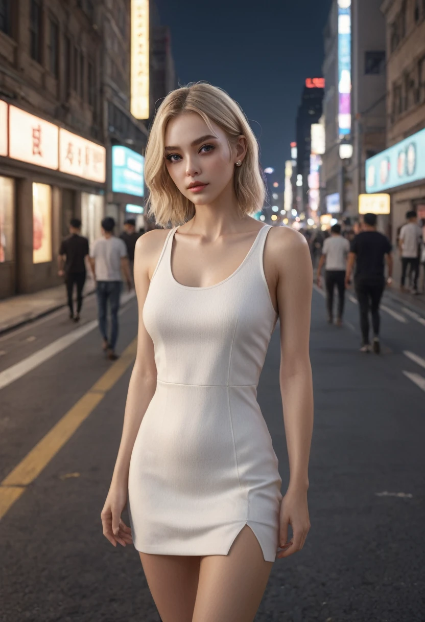 ((Best Quality, 8k, Masterpiece: 1.3)), Full Body, Focus Sharp: 1.2, Outstanding Beauty: 1.4, Slender Abs: 1.2, (((Blonde, Big: 1.2)), Tank Top Dress: 1.1, (Night City, Street: 1.1), Highly Detailed Face and Skin Texture, Detailed Eyes, Double Eyelids