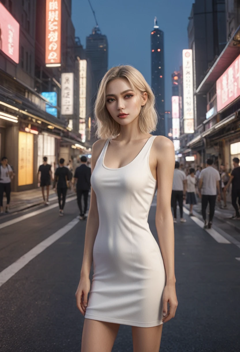((Best Quality, 8k, Masterpiece: 1.3)), Full Body, Focus Sharp: 1.2, Outstanding Beauty: 1.4, Slender Abs: 1.2, (((Blonde, Big: 1.2)), Tank Top Dress: 1.1, (Night City, Street: 1.1), Highly Detailed Face and Skin Texture, Detailed Eyes, Double Eyelids
