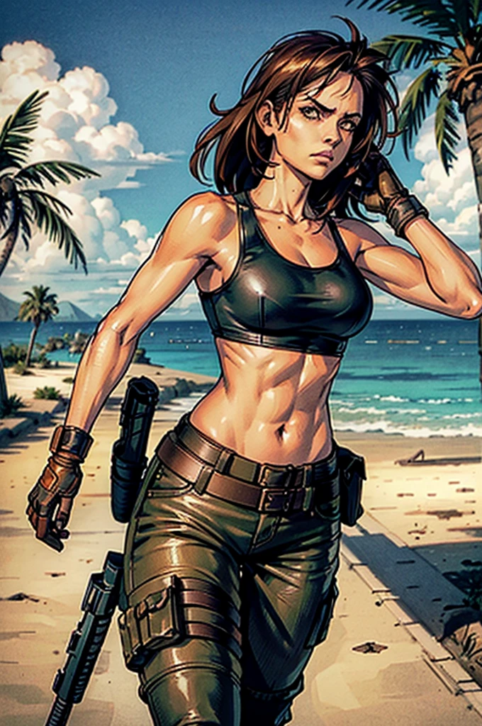 a military woman, well trained body, white sleeveless t-shirt, Exposed collarbone, beige leather shelter, blue pants, two leather belts with gun pockets, dark brown hair, carving, Brown eyes, hazel left eye, left eye with a scar, beach shore, at daytime, walking towards the viewer, serious expression, threatening expression looking at viewer, raising an eyebrow, sparkling beach, palm trees around, leather gloves on his hands, In a post-apocalyptic environment, post - apocalyptic cowgirl, Post - Apocalyptic style, Post apocalyptic clothing, pose, post-apocalyptic, Postapocalyptic style, post apocalyptic grunge, Post - Apocalyptic Scavenger. (Ultra quality) 8k quality, detailed, perfect light, perfect angle, perfect sharpness.