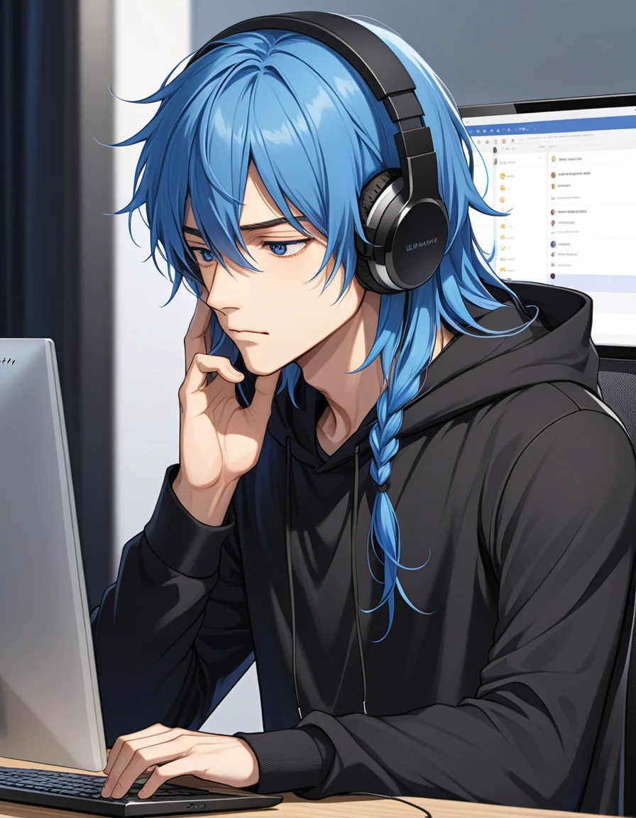 male、bangs、Long Hair、Blue Hair、Slimming、anxiety、Black clothes、hoodie、computer、headphone