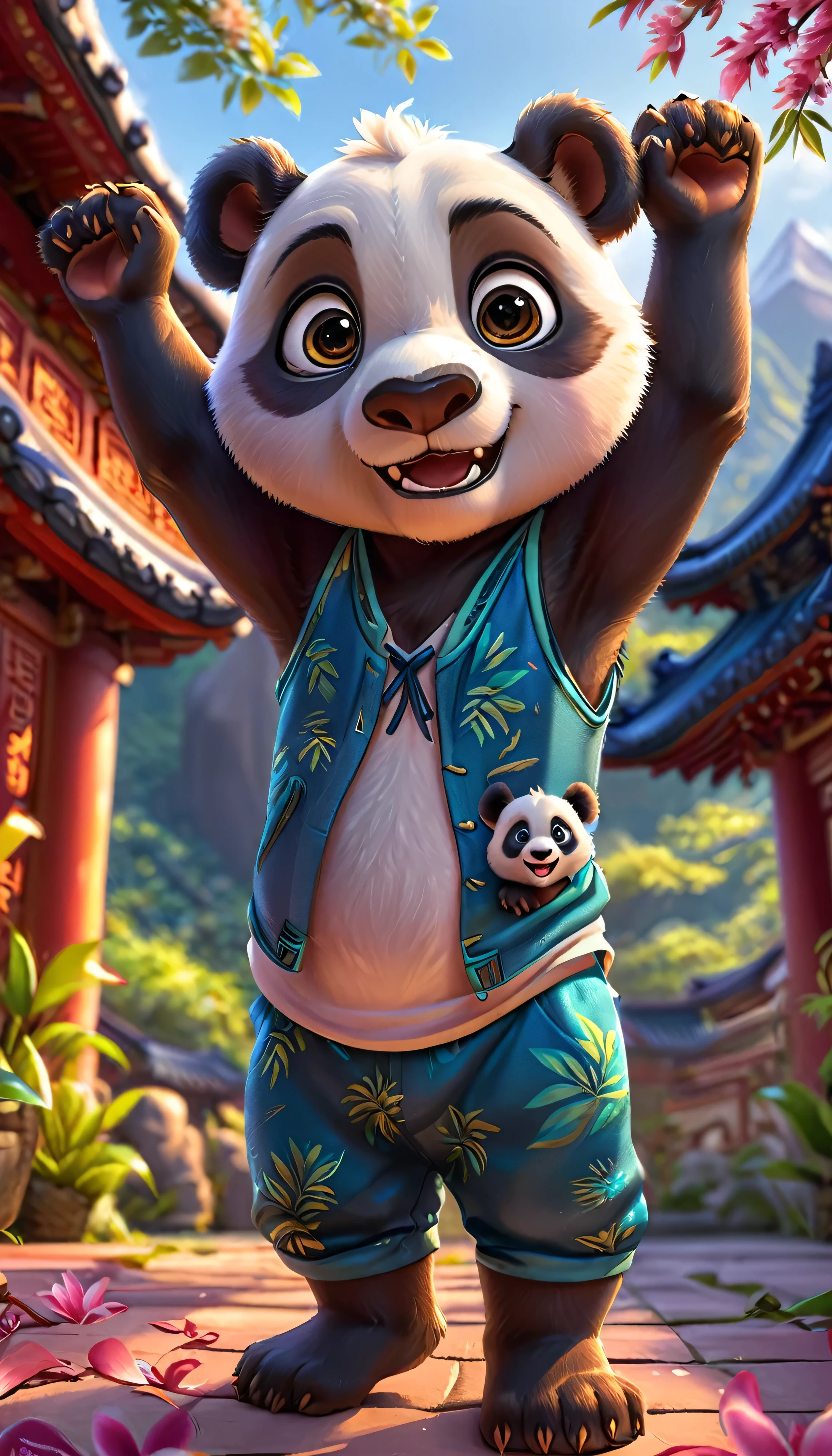 cute baby panda, cartoon , arms, hands ,cute eyes, looking at viewer, arms up, clothes, flawless, asia background