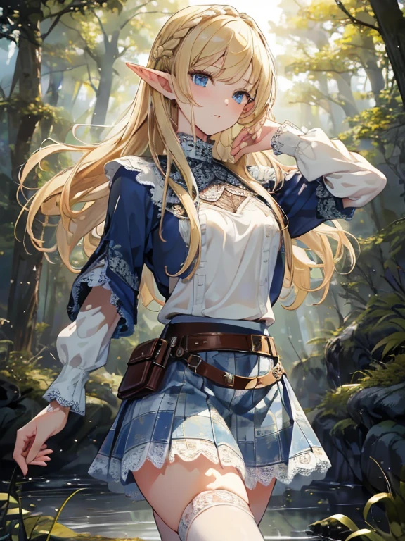 masterpiece, Highest quality, Very detailed, 16K, Ultra-high resolution、Cowboy Shot, 1 Elf girl, Detailed face、Perfect Fingers, Elf Ears, Small breasts, blue eyes, blonde, Braiding, White blouse, sweater, Best, (Checkered lace skirt:1.4), in the forest, stream, (standing split:1.5)