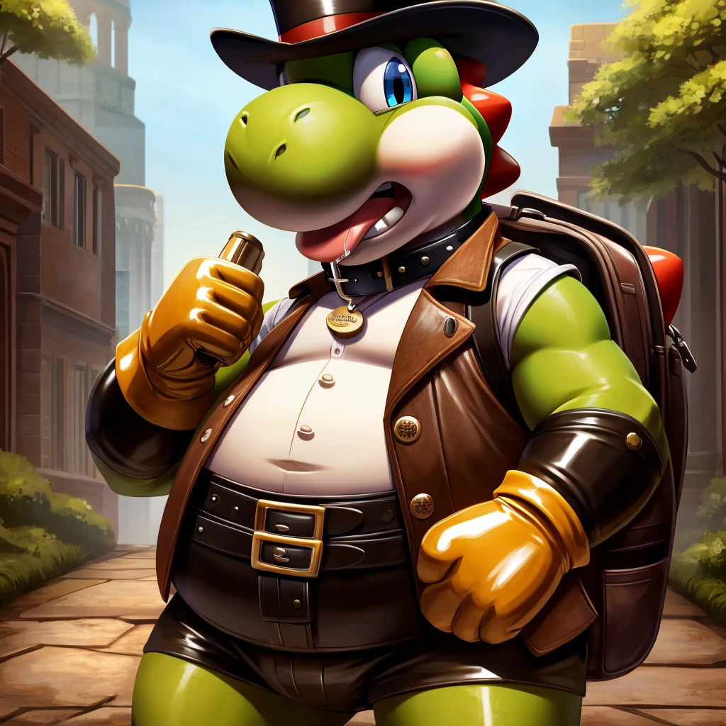 Solo, Male, fat, extremely obese, gentleman, dapper Professor Yoshi, blue eyes, (posing:1.3), (soft shading), 4k, hi res, ((detailed face, detailed)), looking at viewer, mouth wide open, steampunk, long pink tongue, drool, collared shirt with buttons, top hat, male focus, Explorer Outfit, glasses, monocle, bag, vest with buttons, backpack, sleeves rolled up, round eyewear, brown headwear, brown vest, Yoshi is wearing a glossy leather dog collar around the neck, Yoshi is wearing the leather collar and shirt and vest at the same time, Yoshi is wearing glossy white rubber gloves on the hands, wearing white rubber gloves on the feet, gloves are rubber in texture, clenching teeth, clenching fists, leather collar is glossy and shiny with a lot of detail, Yoshi is wearing gloves and leather collar at the same time, leather collar has a round dog-tag, leather collar is thick and detailed.