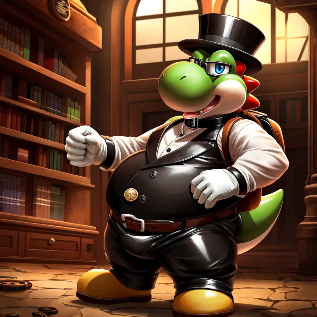 Solo, Male, fat, extremely obese, gentleman, dapper Professor Yoshi, blue eyes, (posing:1.3), (soft shading), 4k, hi res, ((detailed face, detailed)), looking at viewer, mouth wide open, steampunk, long pink tongue, drool, collared shirt with buttons, top hat, male focus, Explorer Outfit, glasses, monocle, bag, vest with buttons, backpack, sleeves rolled up, round eyewear, brown headwear, brown vest, Yoshi is wearing a glossy leather dog collar around the neck, Yoshi is wearing the leather collar and shirt and vest at the same time, Yoshi is wearing glossy white rubber gloves on the hands, wearing white rubber gloves on the feet, gloves are rubber in texture, clenching teeth, clenching fists, leather collar is glossy and shiny with a lot of detail, Yoshi is wearing gloves and leather collar at the same time, leather collar has a round dog-tag, leather collar is thick and detailed.