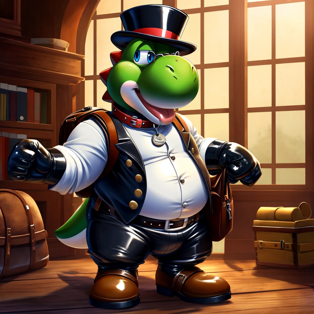 Solo, Male, fat, extremely obese, gentleman, dapper Professor Yoshi, blue eyes, (posing:1.3), (soft shading), 4k, hi res, ((detailed face, detailed)), looking at viewer, mouth wide open, steampunk, long pink tongue, drool, collared shirt with buttons, top hat, male focus, Explorer Outfit, glasses, monocle, bag, vest with buttons, backpack, sleeves rolled up, round eyewear, brown headwear, brown vest, Yoshi is wearing a glossy leather dog collar around the neck, Yoshi is wearing the leather collar and shirt and vest at the same time, Yoshi is wearing glossy white rubber gloves on the hands, wearing white rubber gloves on the feet, gloves are rubber in texture, clenching teeth, clenching fists, leather collar is glossy and shiny with a lot of detail, Yoshi is wearing gloves and leather collar at the same time, leather collar has a round dog-tag, leather collar is thick and detailed.