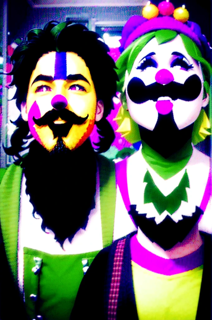 create an image of two farmers one being a girl dressed as a clown and the other wearing green black hair wearing a beard, in cartoon style and with the name stardew valley, for wallpaper scale 16:9