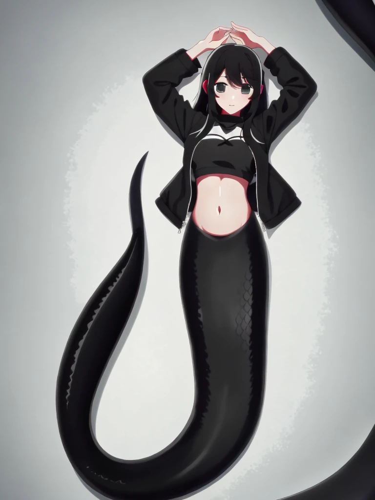 (mermaid:1.0), 1 long black shark tail, full body, midriff black crop top, beautiful perfect symmetrical face, beautiful cute dark teenager girl, full body ,under the sea, long black pony tail, fins, stretching, long nails, black jacket