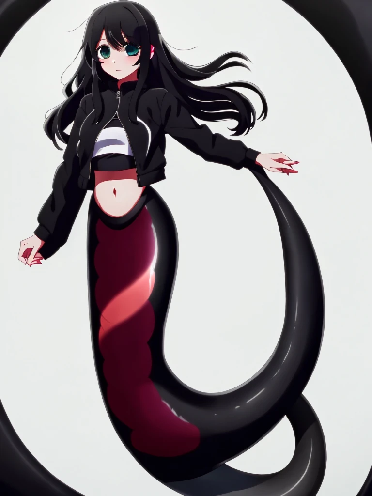 (mermaid:1.0), 1 long black shark tail, full body, midriff black crop top, beautiful perfect symmetrical face, beautiful cute dark teenager girl, full body ,under the sea, long black pony tail, fins, stretching,  long nails, black jacket