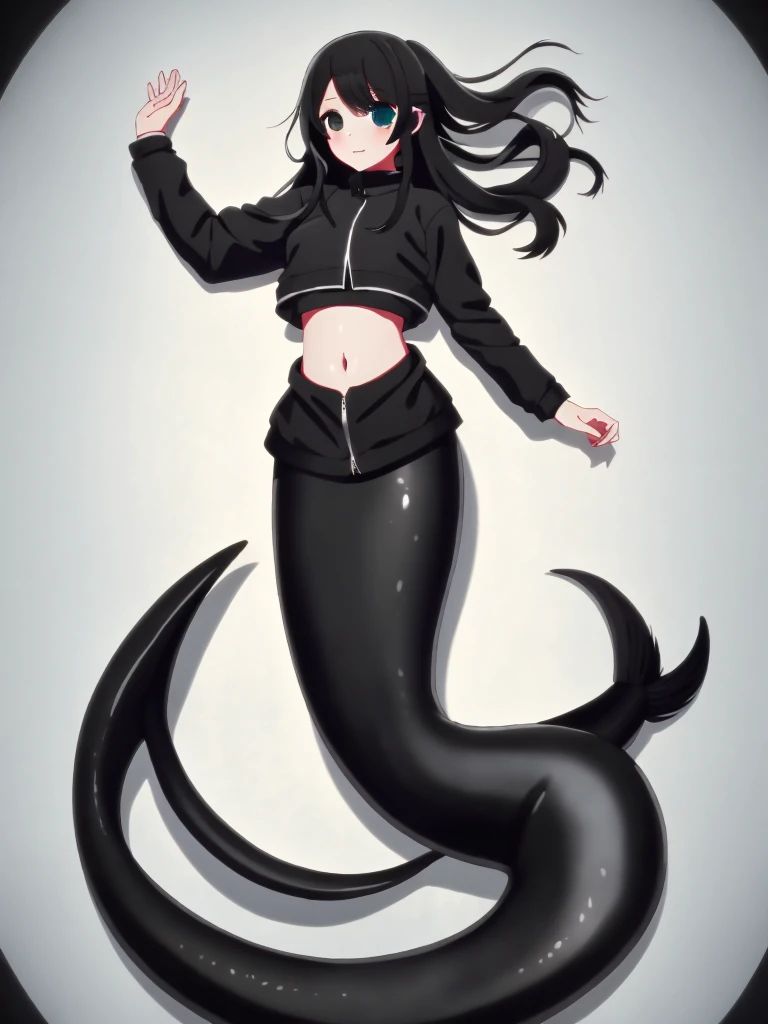 (mermaid:1.0), 1 long black shark tail, full body, midriff black crop top, beautiful perfect symmetrical face, beautiful cute dark ager girl, full body ,under the sea, long black pony tail, fins, stretching, long nails, black jacket
