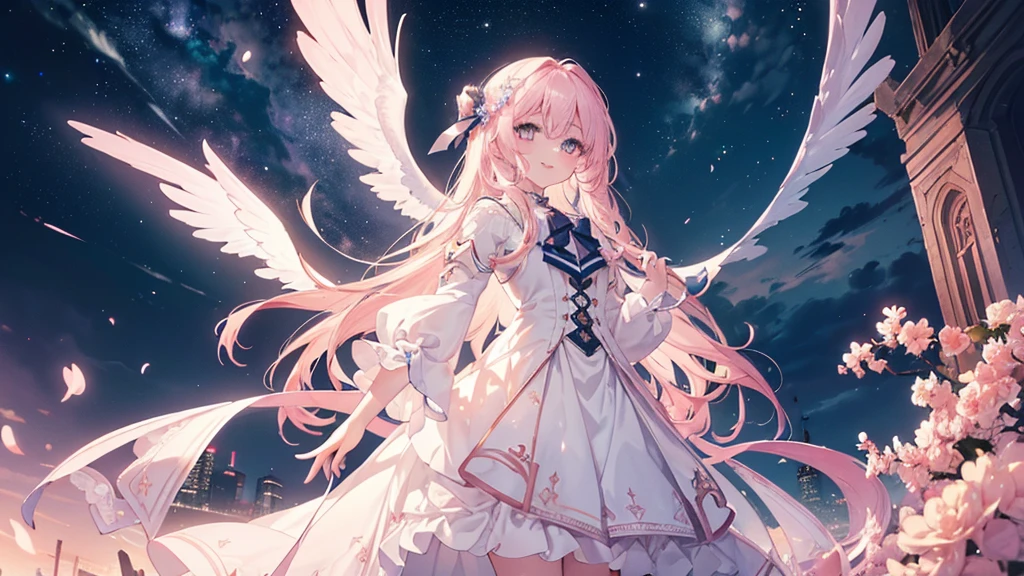 (Night Sky), ((Beautiful eyes)), (((The best smile,Angle from below))), (((Highest quality、masterpiece、Ultra-fine、Ultra-fine、Exquisite、16K、Full HD,high school girl))) 、Long eyelashes、White skin、(thin and long)、 ((cute)) ((One person)),Zoom out,(A magnificent composition、epic proportion)、(Pale pink lips、Pale pink cheeks、thin and long)、Dynamic lighting,