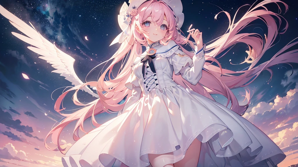 (Night Sky), ((Beautiful eyes)), (((The best smile,Angle from below))), (((Highest quality、masterpiece、Ultra-fine、Ultra-fine、Exquisite、16K、Full HD,high school girl))) 、Long eyelashes、White skin、(thin and long)、 ((cute)) ((One person)),Zoom out,(A magnificent composition、epic proportion)、(Pale pink lips、Pale pink cheeks、thin and long)、Dynamic lighting,