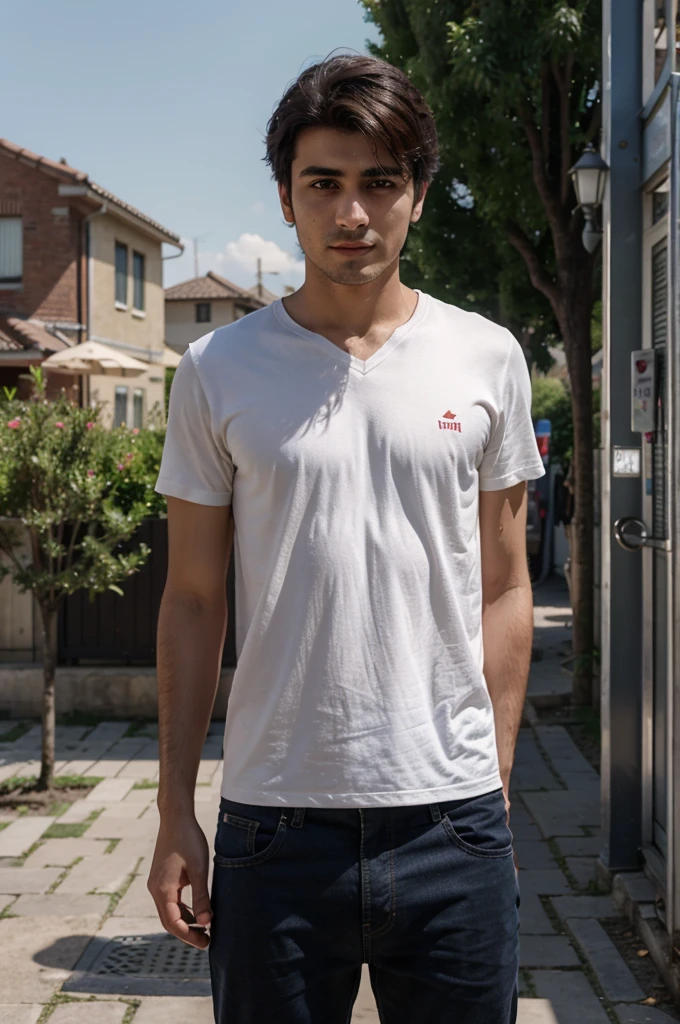 A young Turkish man around 25 years old, captured in an ultra-realistic portrait, wearing casual clothes and sporting casuaz short hair, standing outside on a sunny day. His expression is relaxed and natural, blending seamlessly into the urban backdrop. Photo should looks like a taked from real phone. Negative prompt: bad face. Photography, 8K HD resolution for lifelike detail, --ar 1:1 --v 5