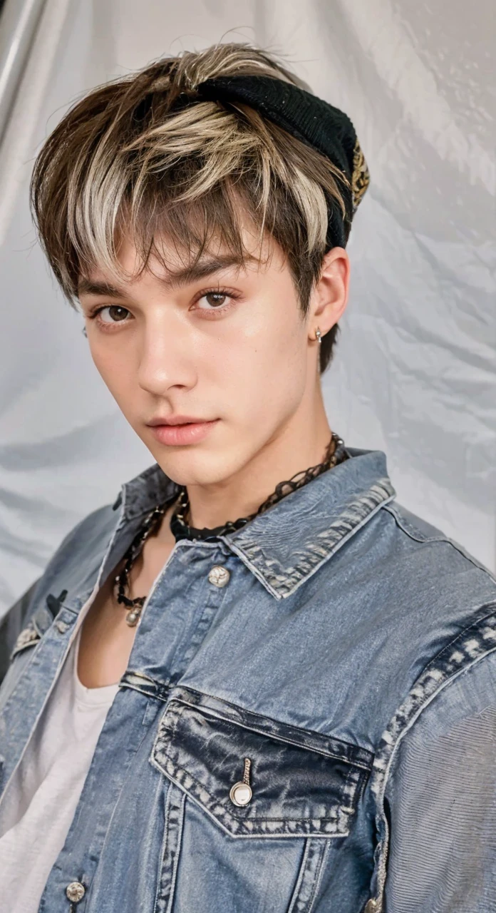 1boy, solo, long haIr, black haIr, wrItten clothes, Ojos cafés, lookIng at the vIewer, beanIe, lIps, parte superior del cuerpo, boca cerrada, shIrt, mingi ateez earrIngs, https://I.postImg.cc/tCDfNDvp/Captura de pantalla-20230606-212445.png
