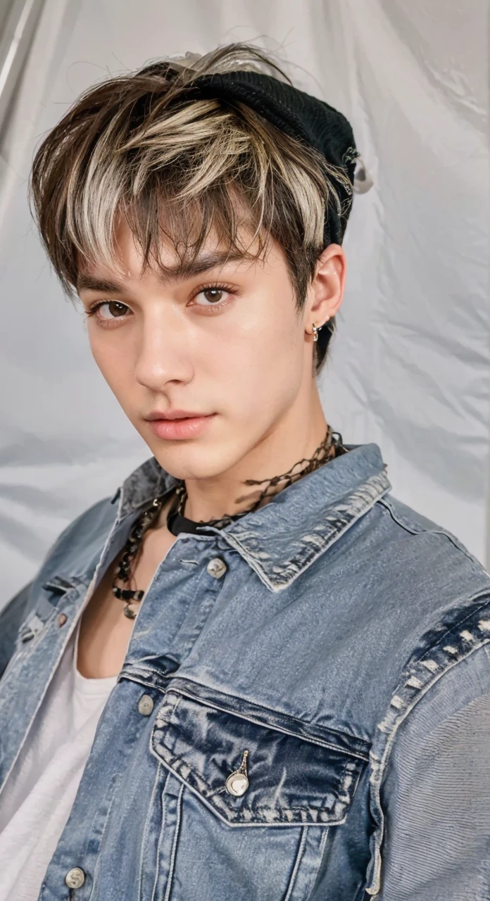 1boy, solo, long haIr, black haIr, wrItten clothes, Ojos cafés, lookIng at the vIewer, beanIe, lIps, parte superior del cuerpo, boca cerrada, shIrt, mingi ateez earrIngs, https://I.postImg.cc/tCDfNDvp/Captura de pantalla-20230606-212445.png