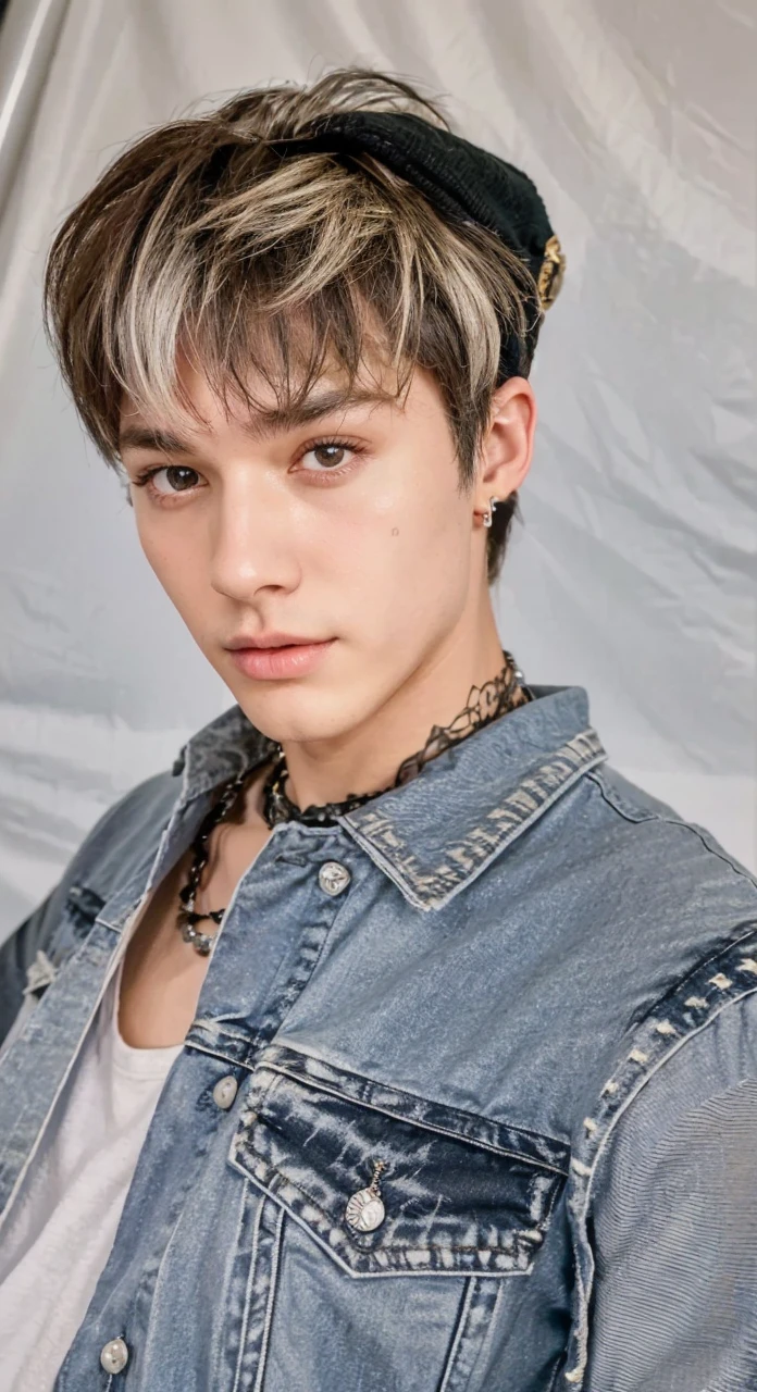 1boy, solo, long haIr, black haIr, wrItten clothes, Ojos cafés, lookIng at the vIewer, beanIe, lIps, parte superior del cuerpo, boca cerrada, shIrt, mingi ateez earrIngs, https://I.postImg.cc/tCDfNDvp/Captura de pantalla-20230606-212445.png